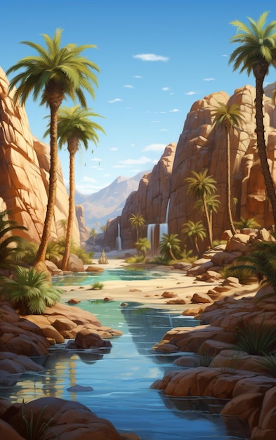 Painting of a river in a desert with palm trees and a waterfall generative ai