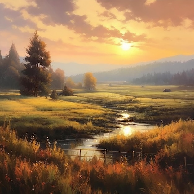 A painting of a river in a field with a sunset in the background.