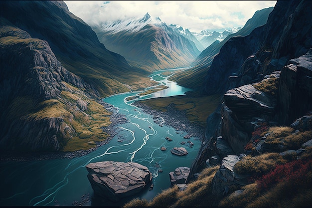 A painting of a river flowing through a valley with mountains in the background