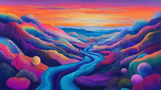 Photo a painting of a river flowing through a valley