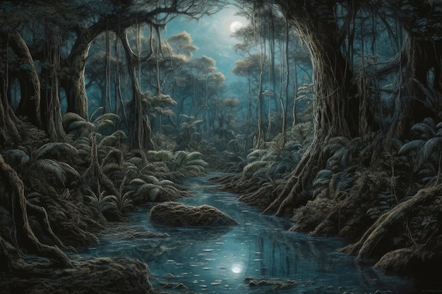 A painting of a river in the forest with the moon in the background.