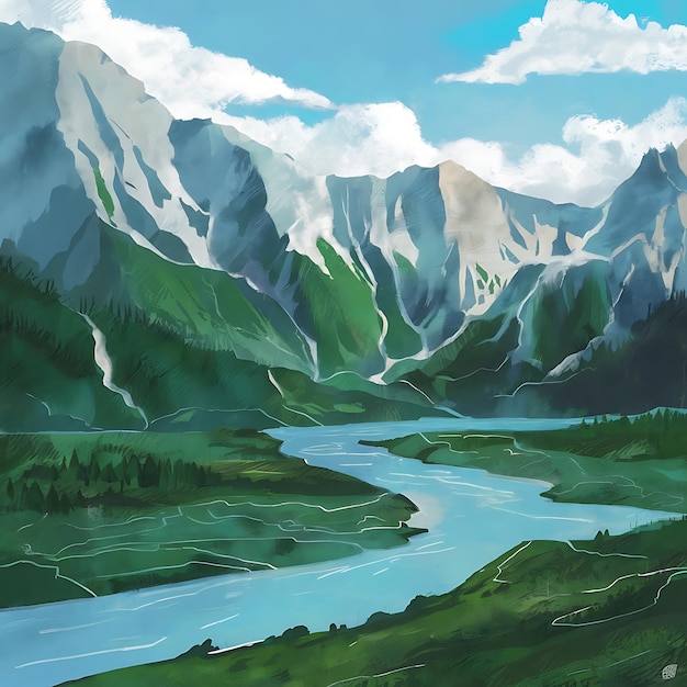 a painting of a river and mountains with a river in the background