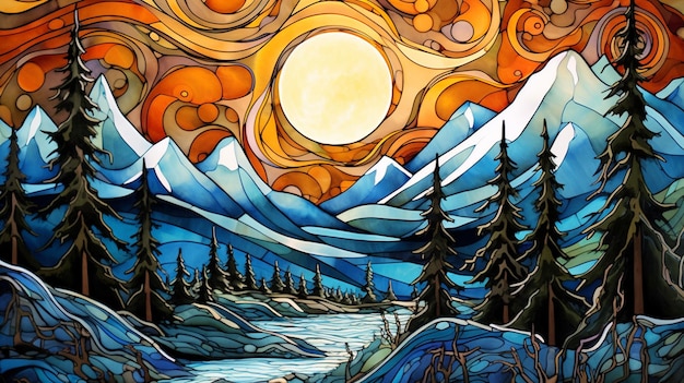 A painting of a river and mountains with a sun and the words winter in the background.