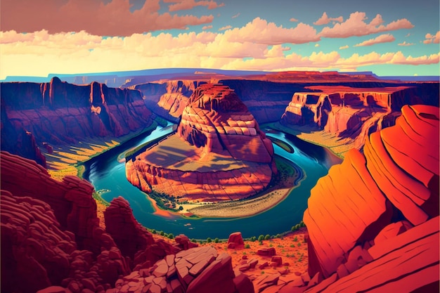 Painting of a river running through a canyon generative ai