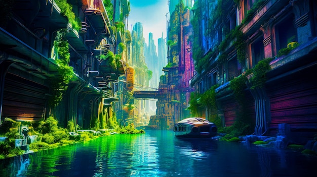 Painting of river running through city Generative AI