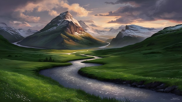 a painting of a river running through a green field with mountains in the background