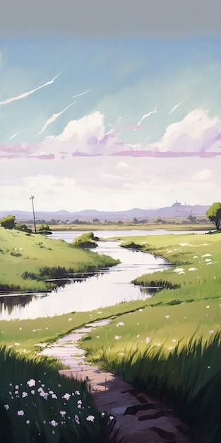 Painting of a river running through a lush green field generative ai