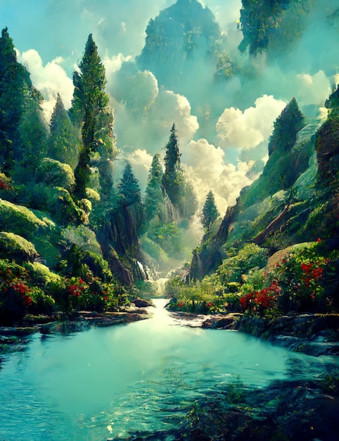 Painting of a river running through a lush green forest generative ai