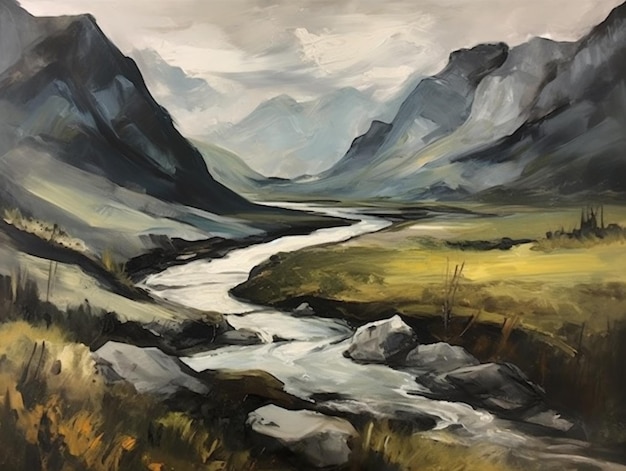 painting of a river running through a valley with mountains in the background generative ai