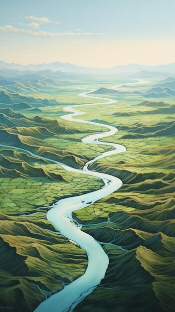 a painting of a river running through a valley.