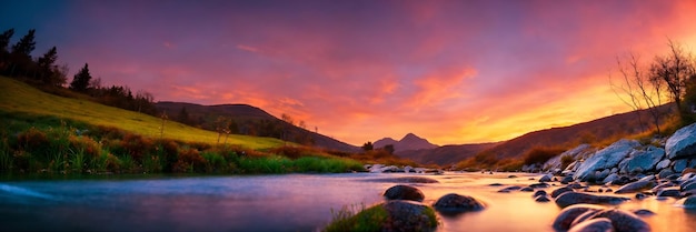 A Painting of a River at Sunset With Rocks in the Foreground