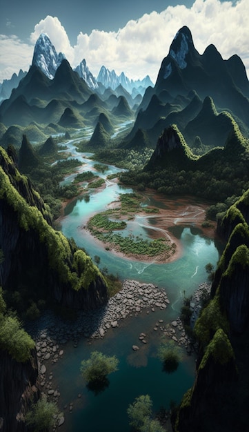 Painting of a river surrounded by mountains generative ai