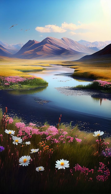 Painting of a river surrounded by wildflowers generative ai