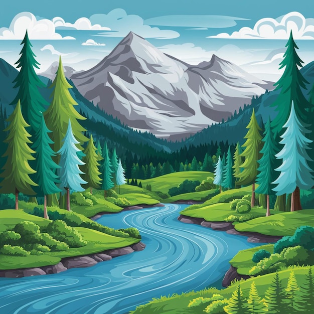 A painting of a river and trees with a mountain in the background