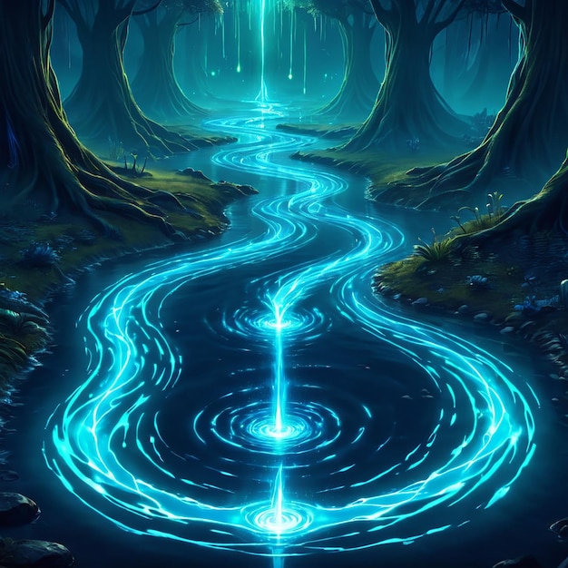 a painting of a river with a blue light on it