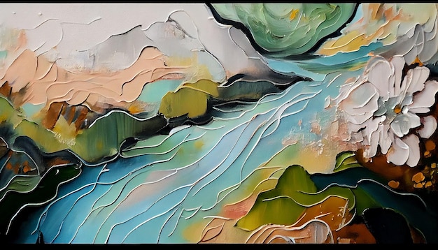 A painting of a river with a blue sky and green and yellow colors.