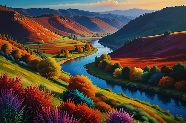 a painting of a river with colorful trees and mountains in the background