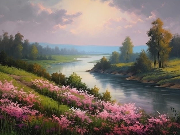 A painting of a river with flowers in the foreground.