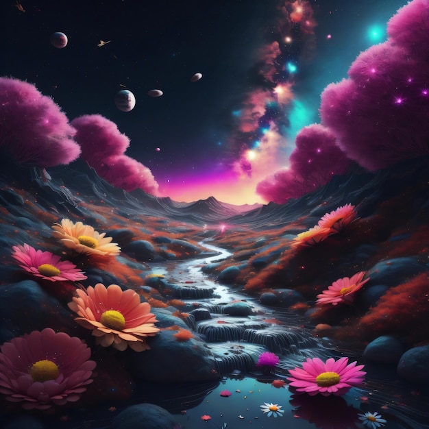 A painting of a river with flowers and a galaxy in the background.