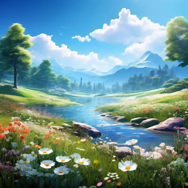 a painting of a river with flowers and a river with mountains in the background