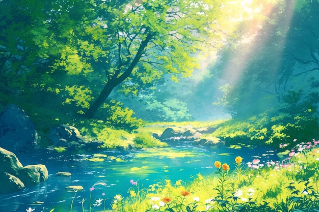 a painting of a river with flowers and the sun shining through the trees