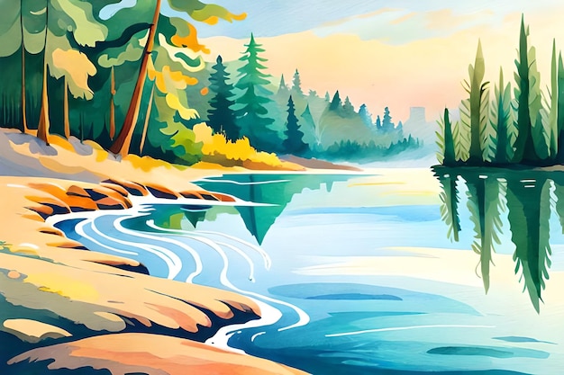 A painting of a river with a forest and a forest in the background.