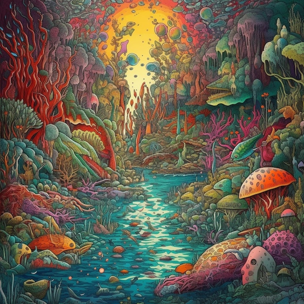 A painting of a river with a forest and a forest with a colorful background.