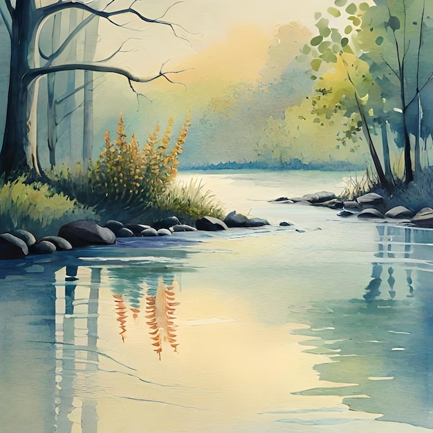 A painting of a river with a forest scene and a tree on the left side.