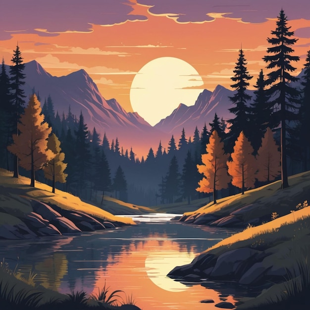 a painting of a river with a full moon in the background