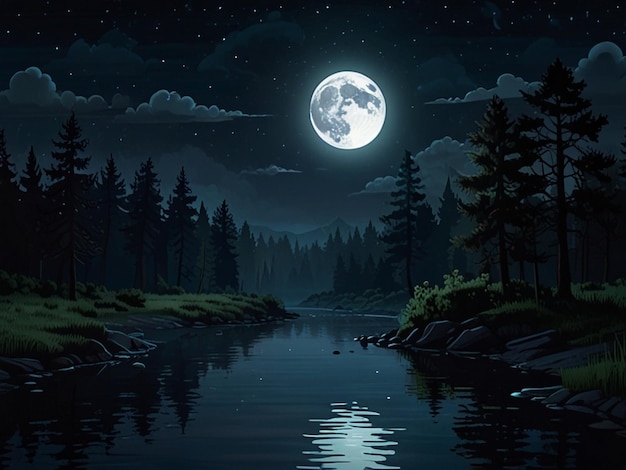 Photo a painting of a river with a full moon in the background