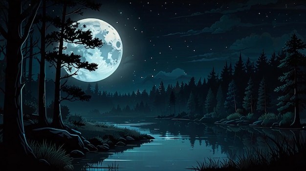 Photo a painting of a river with a full moon in the background