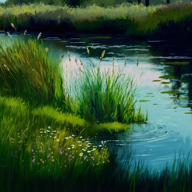 painting of a river with grass and flowers in the foreground generative ai