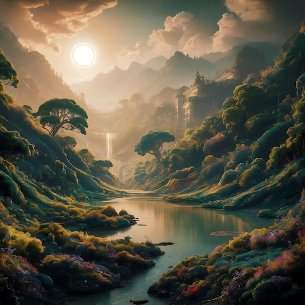 a painting of a river with a light shining on it