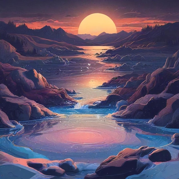 Photo a painting of a river with a moon and a mountain in the background