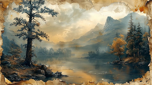 a painting of a river with a mountain in the background