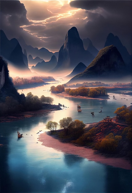 Painting of a river with mountains in the background generative ai