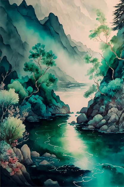 Painting of a river with mountains in the background generative ai