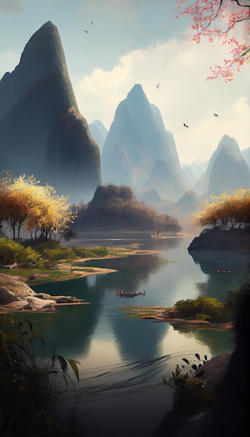 Painting of a river with mountains in the background generative ai