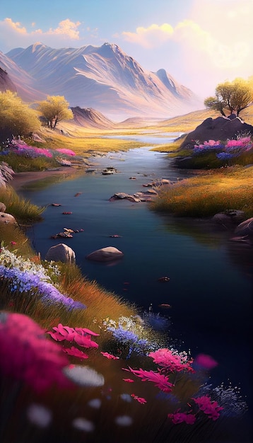 Painting of a river with mountains in the background generative ai