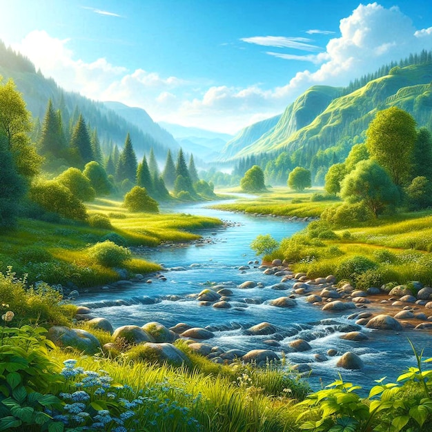 a painting of a river with mountains in the background