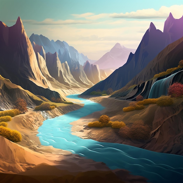 A painting of a river with mountains in the background