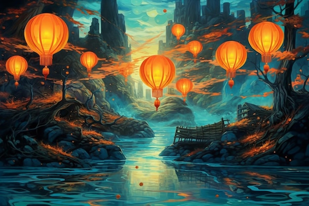 A painting of a river with orange lanterns floating above it.