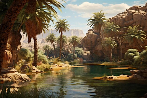 a painting of a river with palm trees and rocks in the background.