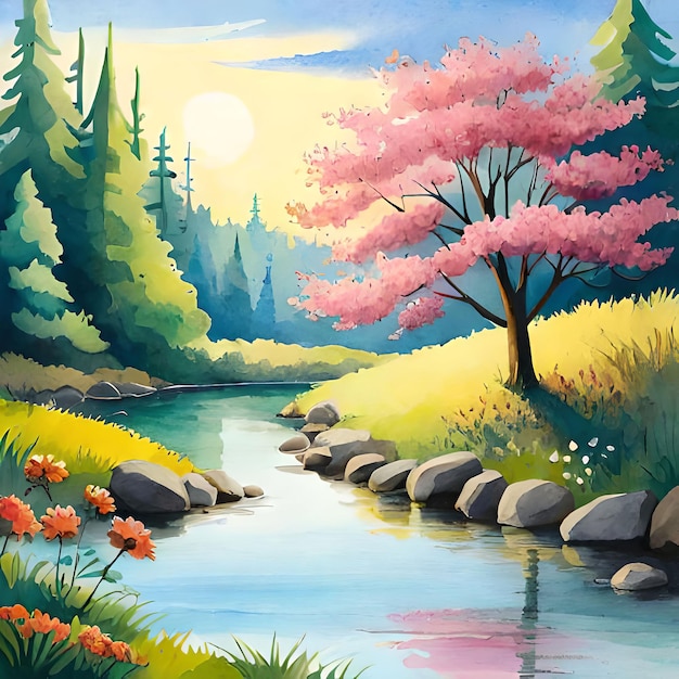 A painting of a river with a pink tree on it.