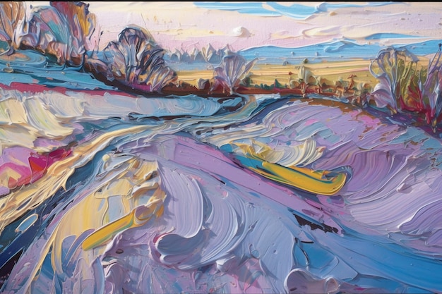 A painting of a river with a purple and blue boat on it.