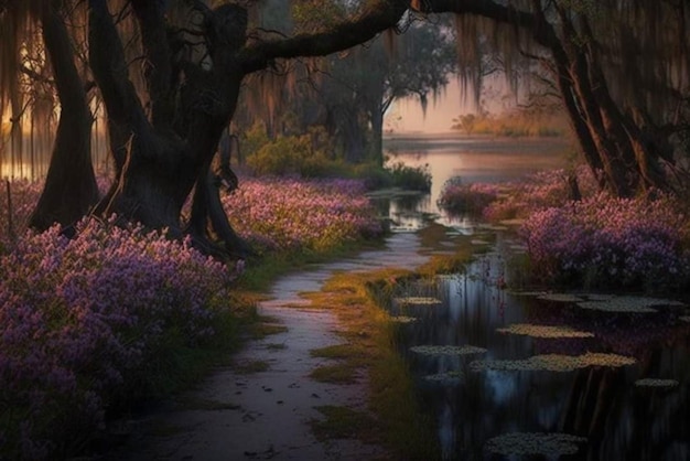 A painting of a river with purple flowers and trees.