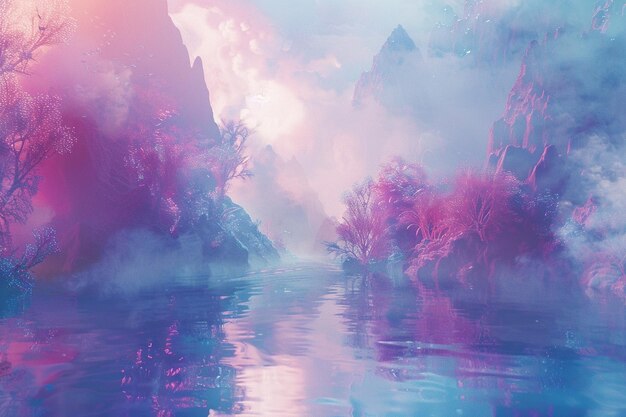 Photo a painting of a river with a purple and pink sky