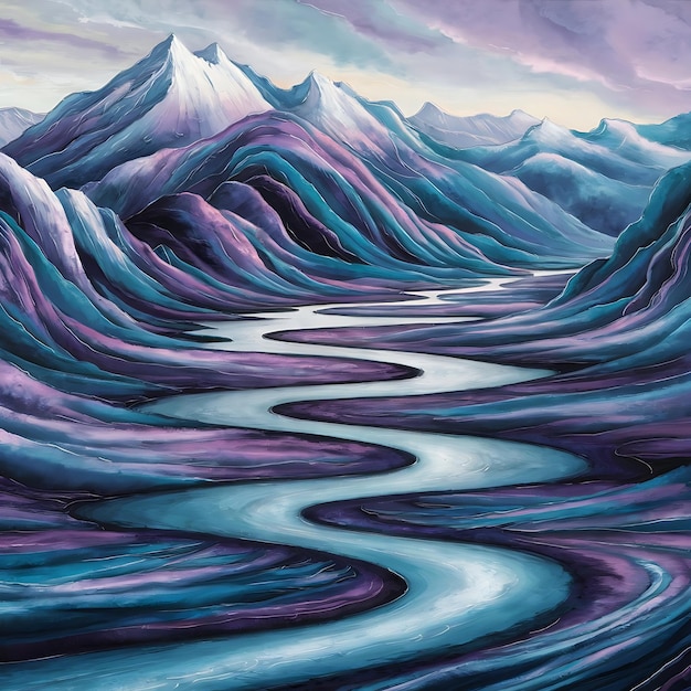 a painting of a river with purple and purple ice