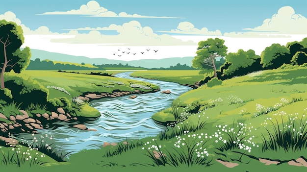 A painting of a river with a river and grass and trees.