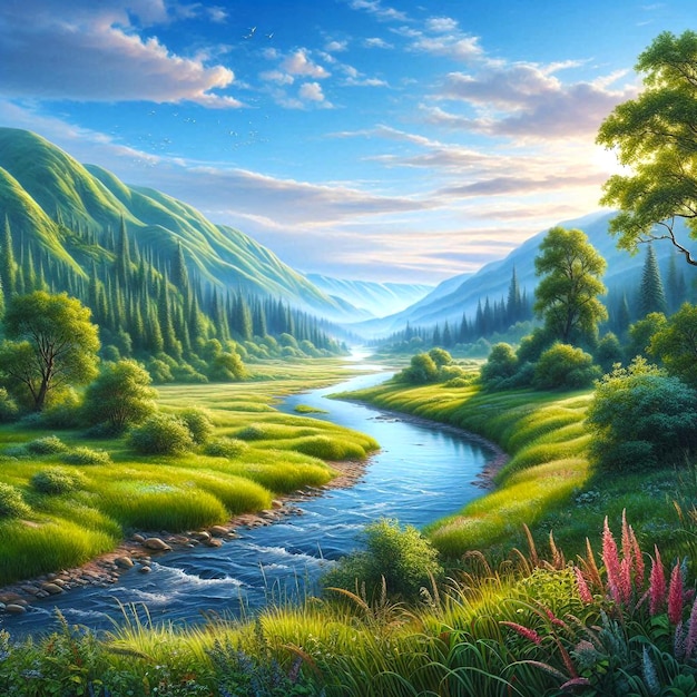 a painting of a river with a river and mountains in the background